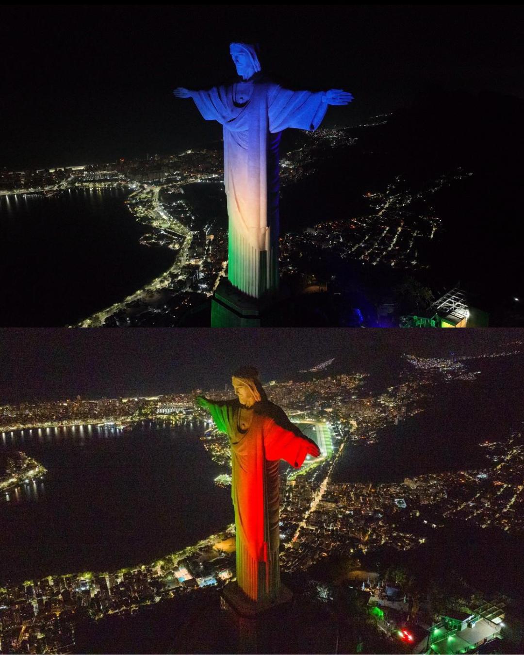 Cristo Redentor recebe as cores do Brasil e da Itália pela Partida do Coração